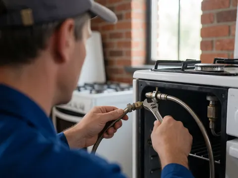 Un technicien en uniforme bleu ajuste un tuyau de gaz avec une clé sur une cuisinière blanche dans une cuisine avec un mur en briques rouges.