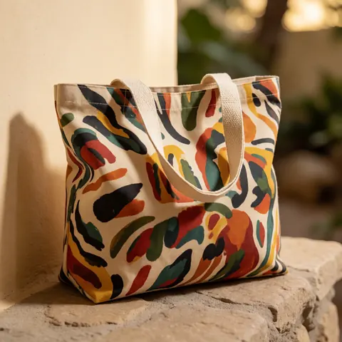 Sac beige en tissu à motif abstrait aux tons terre, posé contre un mur et une pierre sous une lumière chaude.