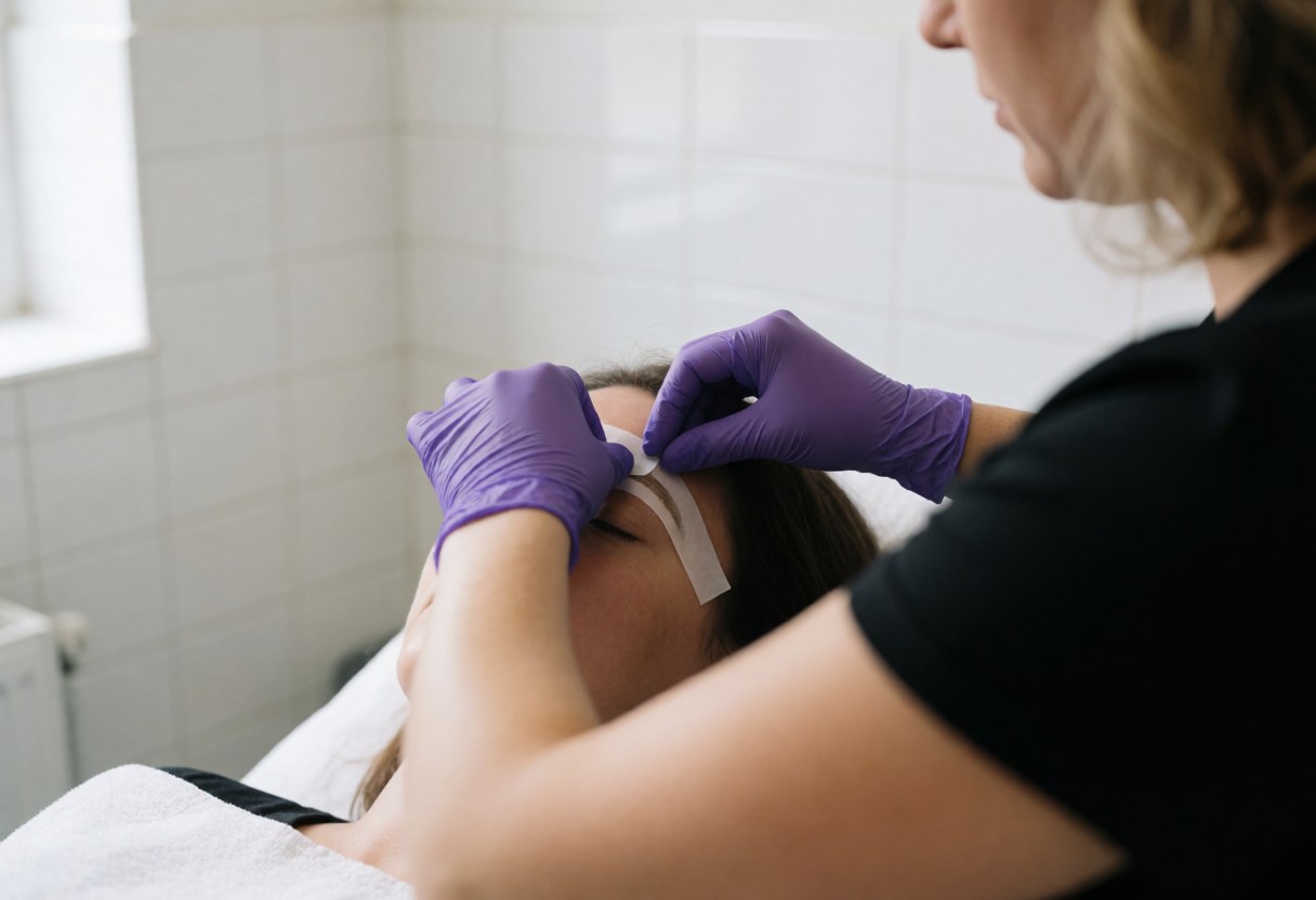Une spécialiste aux gants violets pose une bande de cire sur les sourcils d'une cliente dans un salon aux murs carrelés blancs et à la lumière naturelle.