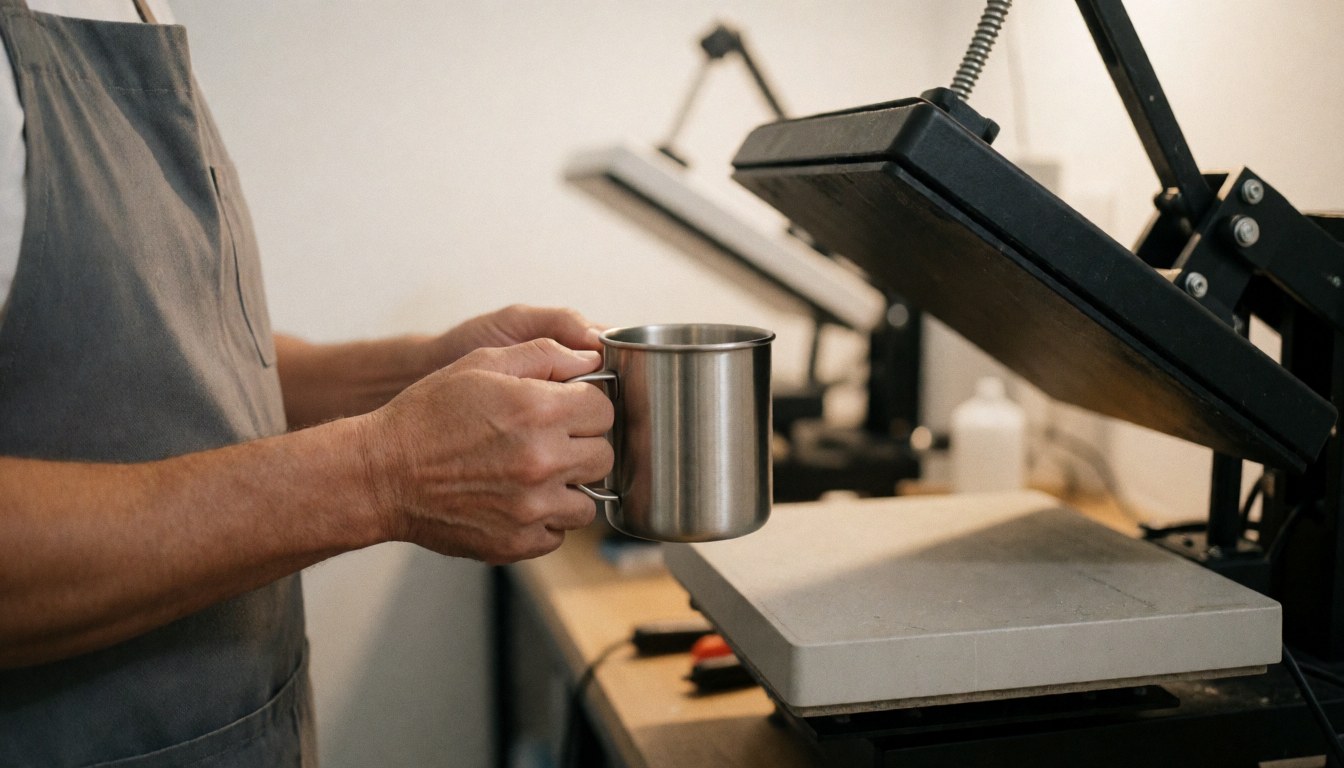 Une personne portant un tablier prépare une tasse métallique pour l'impression thermique dans un atelier éclairé par une lumière chaude avec du matériel flou en arrière-plan.