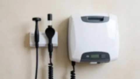 Fond flou d'un mur avec équipement de stérilisation et outils médicaux suspendus, idéal pour textes sur services médicaux ou esthétiques.