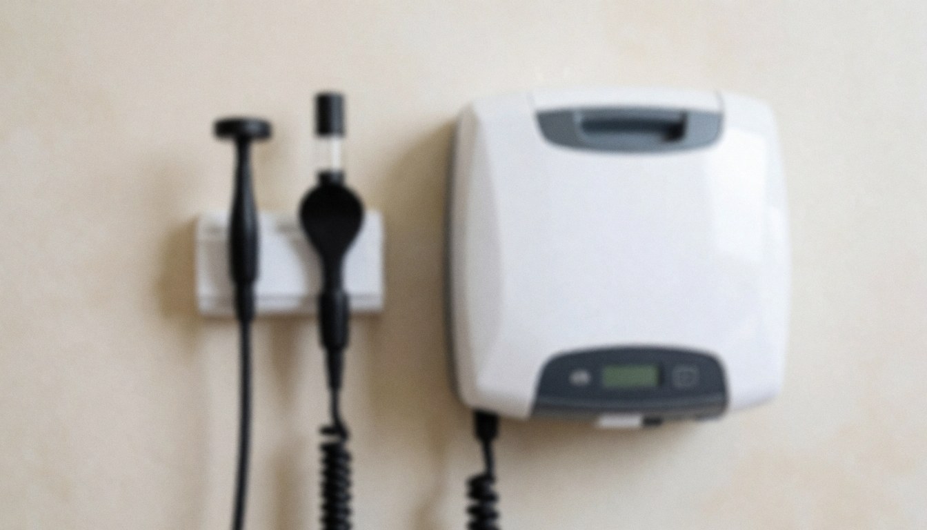 Fond flou d'un mur avec équipement de stérilisation et outils médicaux suspendus, idéal pour textes sur services médicaux ou esthétiques.