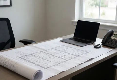 Bureau d'architecte éclairé par la lumière naturelle, affichant des plans techniques, un ordinateur portable et un téléphone dans un environnement professionnel ordonné.