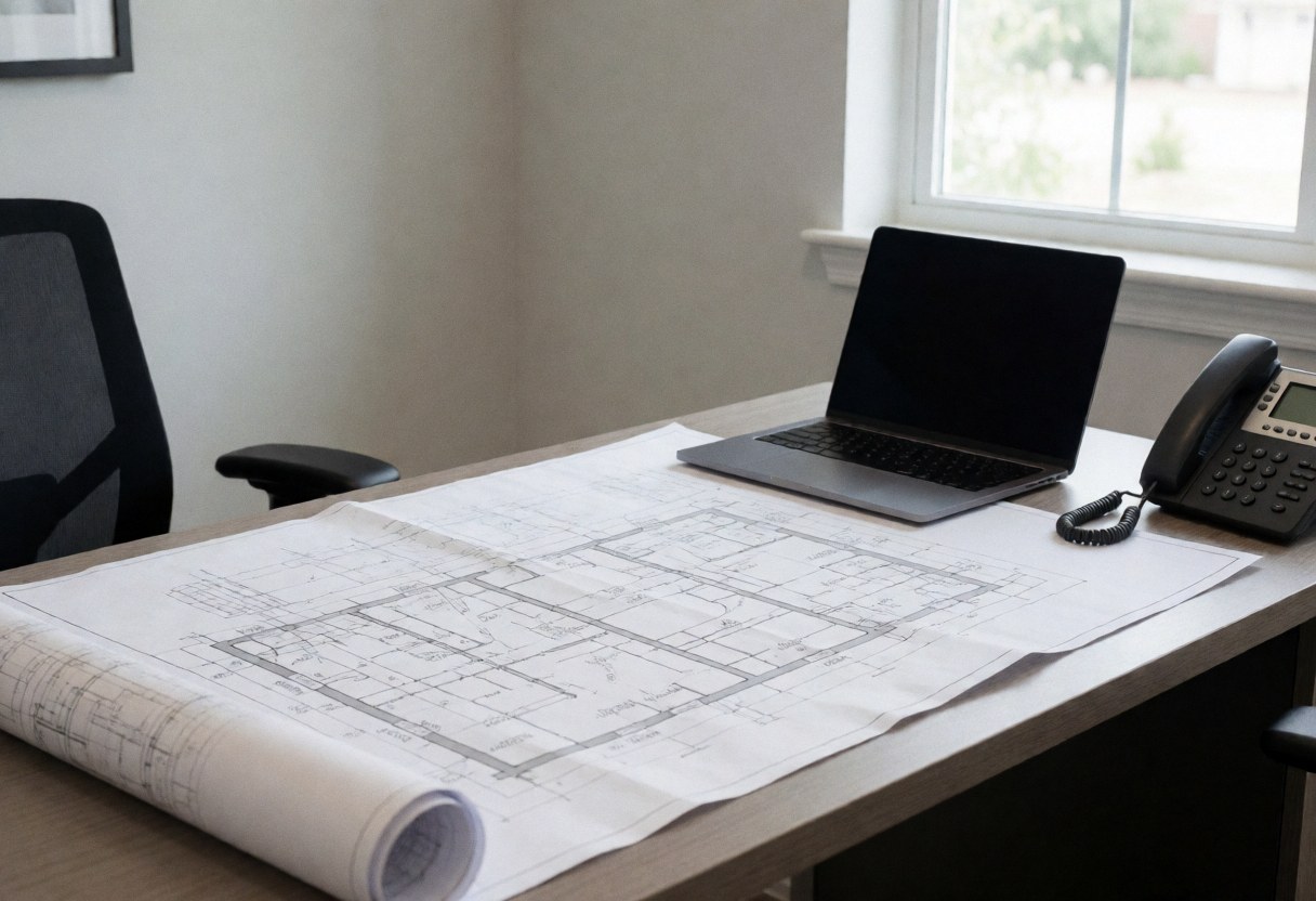 Bureau d'architecte éclairé par la lumière naturelle, affichant des plans techniques, un ordinateur portable et un téléphone dans un environnement professionnel ordonné.
