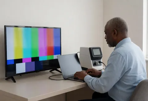 Un technicien professionnel ajuste la couleur d'un écran de télévision à l'aide d'un colorimètre connecté à un ordinateur portable dans un environnement de travail moderne.