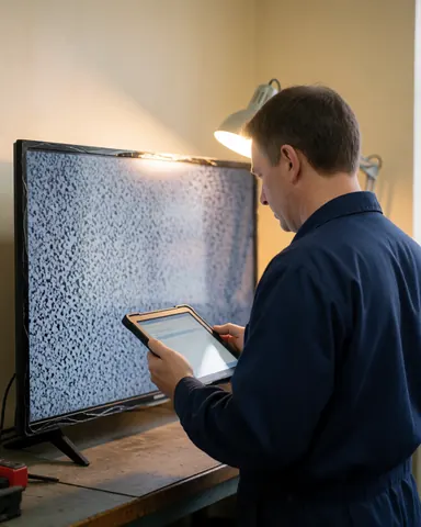 Un technicien en uniforme bleu examine un téléviseur avec un écran cassé et du bruit de signal, utilisant une tablette dans un atelier aux murs beige et à la lumière chaude.
