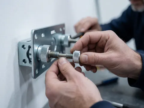 Des mains de technicien serrent une vis sur un support métallique VESA fixé à un mur blanc, avec des outils et un arrière-plan flou.
