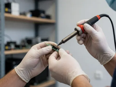 Des mains portant des gants en latex effectuent une soudure de précision sur un petit composant d'une carte de circuit imprimé dans un atelier.
