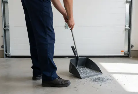 Un technicien de portes de garage ramasse des copeaux métalliques avec une pelle et un seau noir devant une porte blanche fraîchement peinte. Scène propre et professionnelle sous lumière naturelle.
