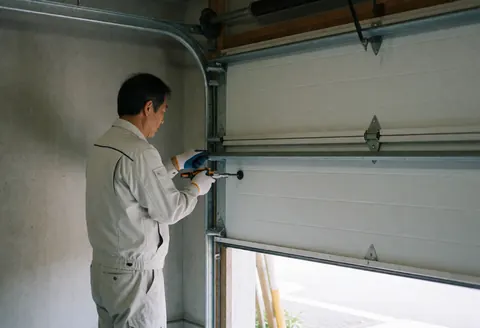 Un technicien en uniforme ajuste la charnière d'une porte de garage blanche à l'aide d'un outil dans un garage aux murs en béton éclairé par la lumière naturelle.