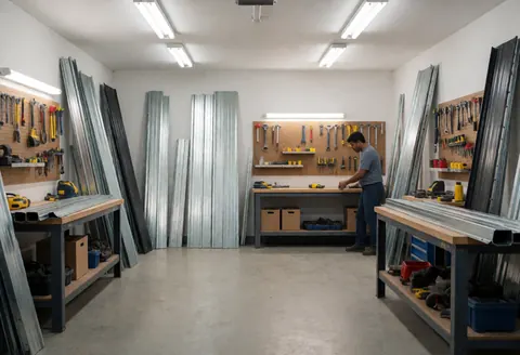 Atelier industriel pour montage de portes de garage avec panneaux métalliques, outils suspendus et un travailleur à une table.