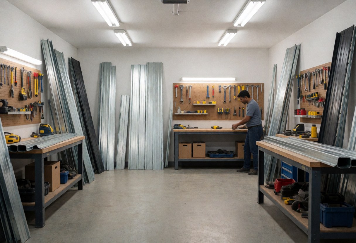 Atelier industriel pour montage de portes de garage avec panneaux métalliques, outils suspendus et un travailleur à une table.