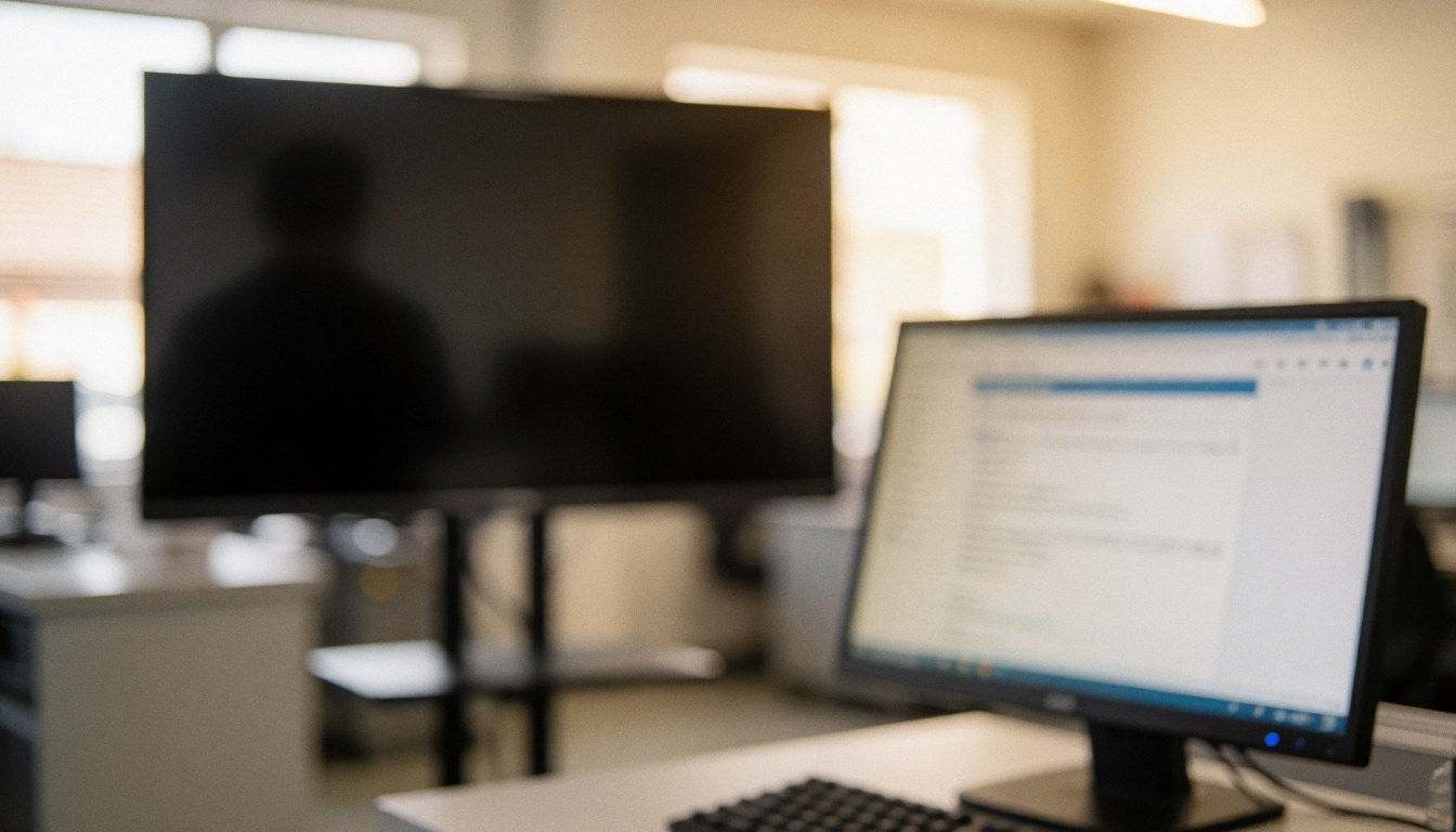 Fond d'atelier de réparation de téléviseurs avec grand écran et ordinateur en premier plan, éclairage neutre et chaleureux, idéal pour textes ou images.
