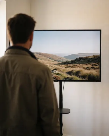 Dos d'un client observant un écran de télévision fonctionnel montrant une image naturelle dans un atelier de réparation.