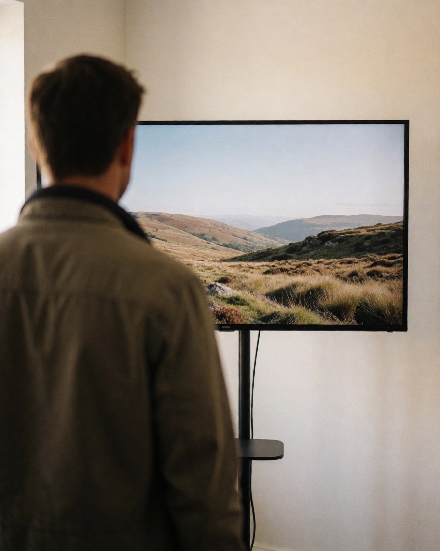 Dos d'un client observant un écran de télévision fonctionnel montrant une image naturelle dans un atelier de réparation.