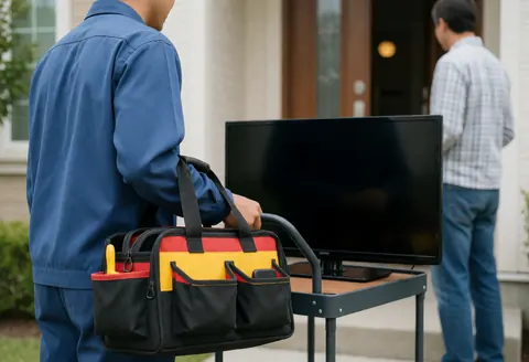 Un technicien en réparation de téléviseurs se tient prêt à intervenir chez un client, accompagné de son chariot et de sa mallette d'outils.