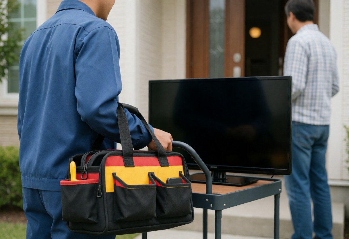 Un technicien en réparation de téléviseurs se tient prêt à intervenir chez un client, accompagné de son chariot et de sa mallette d'outils.