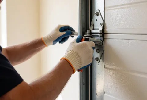 Un technicien en gants ajuste une charnière métallique d'une porte de garage blanche à l'aide d'une clé. Fond blanc chaud, scène de maintenance.