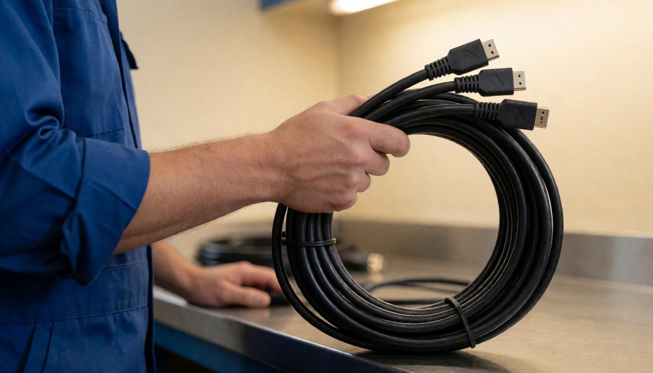 Un technicien en uniforme bleu tient un rouleau de câbles HDMI noirs dans un atelier de réparation avec une lumière chaude et un fond flou.