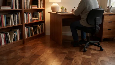 Bureau aménagé avec un sol en liège, un bureau en bois, une étagère remplie de livres et une personne travaillant sous une lampe.