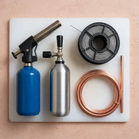 Kit de soudure pour réfrigérateurs comprenant un tube de cuivre, une bobine de rouleau, un réservoir de gaz et des outils disposés sur une surface blanche.