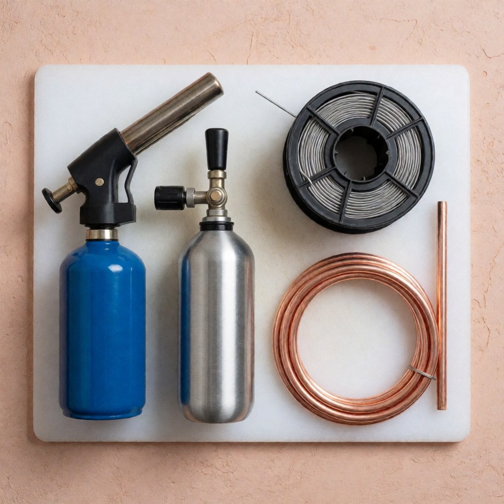 Kit de soudure pour réfrigérateurs comprenant un tube de cuivre, une bobine de rouleau, un réservoir de gaz et des outils disposés sur une surface blanche.