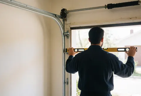 Technicien en portes de garage utilisant un niveau pour vérifier l'alignement de la porte dans un garage intérieur aux murs blancs et à la lumière naturelle.