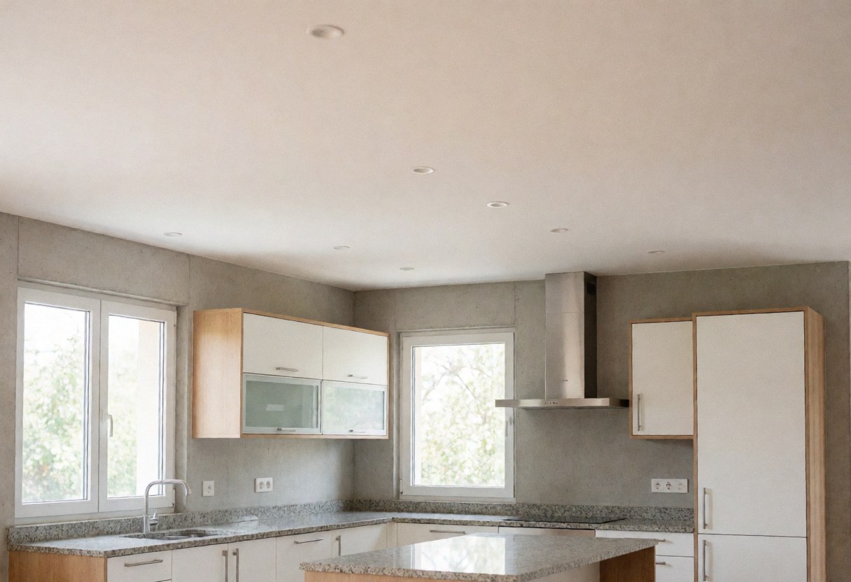 Cuisine ouverte moderne dotée d'armoires blanches, d'un plan de travail en granit, de murs en béton et de fenêtres laissant entrer la lumière naturelle.