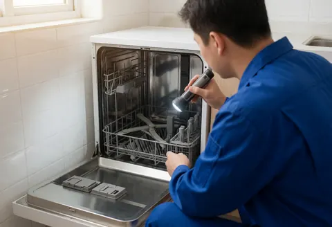 Un technicien en uniforme bleu examine l'intérieur d'un lave-vaisselle ouvert à l'aide d'une lampe torche dans une cuisine aux murs carrelés blancs.
