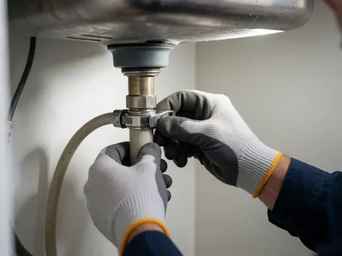 Mains gantées ajustant un tuyau métallique de plomberie sous un évier blanc, éclairage focalisé sur la connexion pour un travail de réparation.