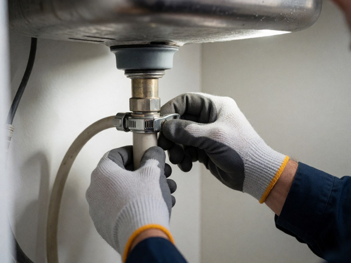Mains gantées ajustant un tuyau métallique de plomberie sous un évier blanc, éclairage focalisé sur la connexion pour un travail de réparation.