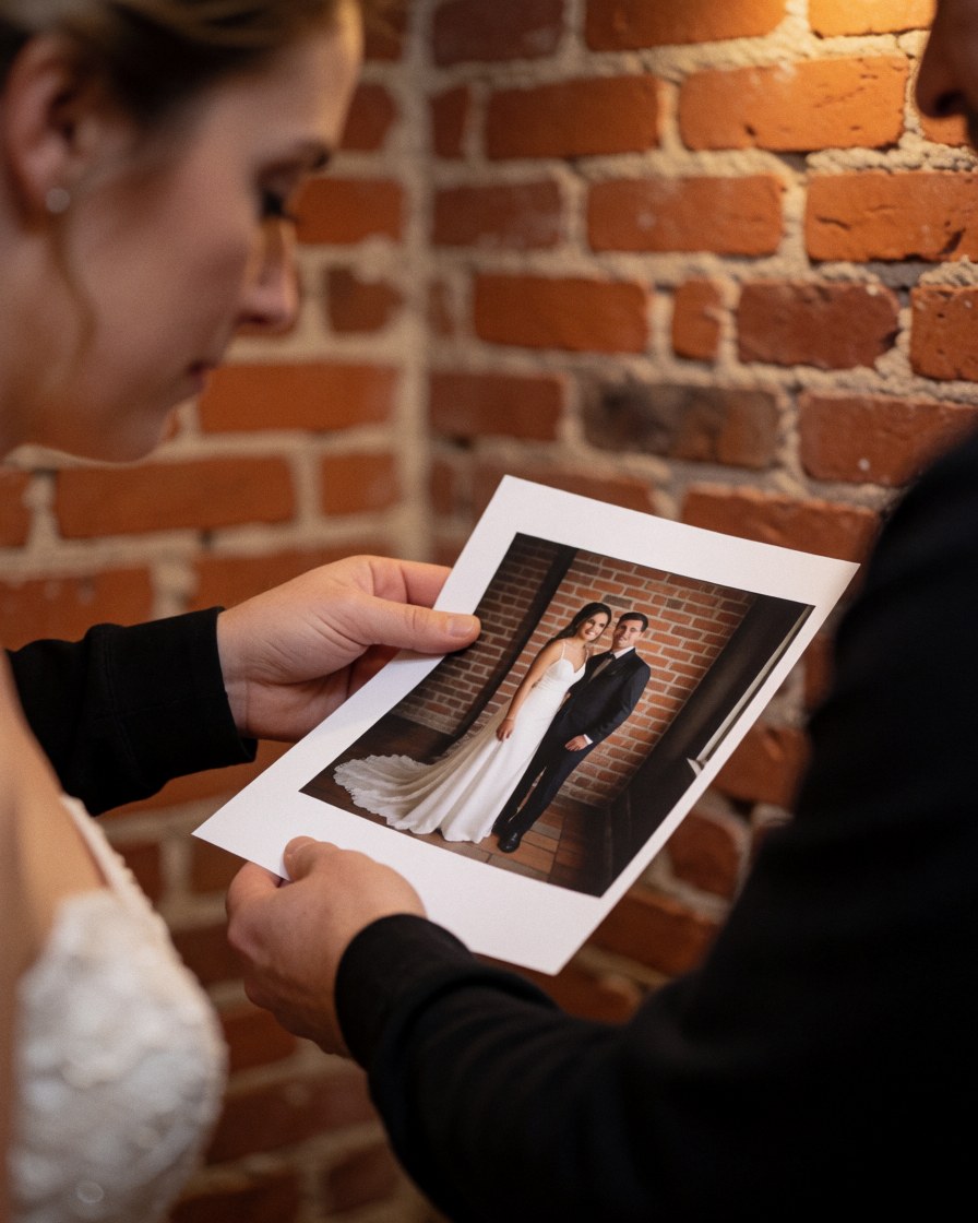 Un photographe de mariage tend une photo à une mariée devant un mur en briques, mains visibles et image nette dans un cadre professionnel.