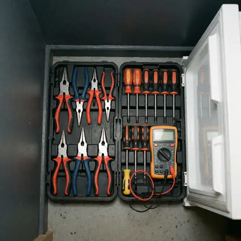 Coffret organisé contenant clés, pinces, tournevis et multimètre, outils professionnels pour réparer des appareils dans une cuisine aux murs gris.