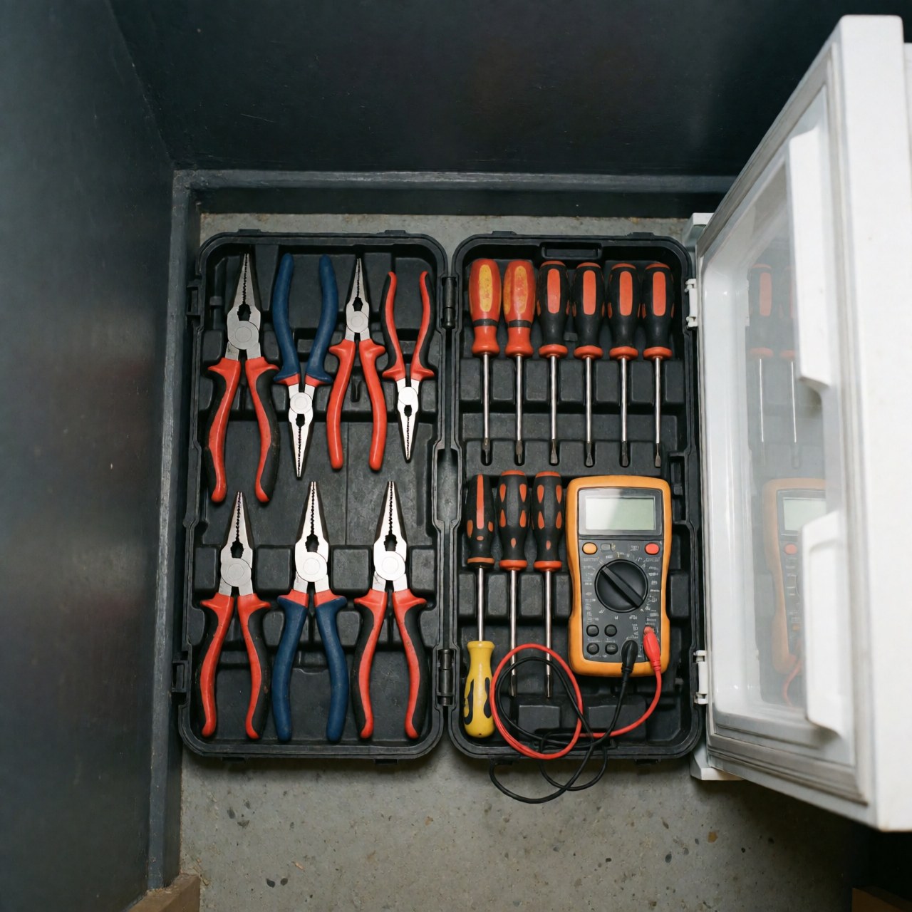 Coffret organisé contenant clés, pinces, tournevis et multimètre, outils professionnels pour réparer des appareils dans une cuisine aux murs gris.