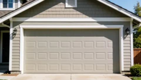 Façade d'une maison avec une porte de garage beige fermée, des murs en panneaux, des appliques murales latérales et un fond clair idéal pour ajouter du texte commercial.