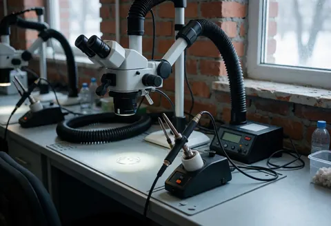 Station de soudure microscopique équipée d'un microscope, d'un extracteur de fumées et d'outils professionnels sur une table de travail propre.