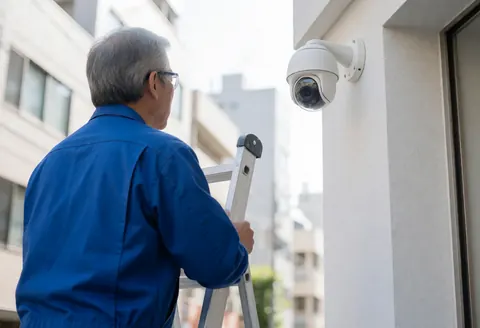 Un technicien en uniforme bleu pose une caméra blanche au coin d'un immeuble, avec une échelle visible dans un contexte urbain extérieur.