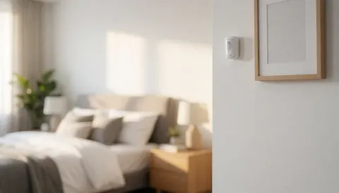 Capteur de mouvement blanc fixé sur un mur blanc dans une chambre moderne, avec lit et table de nuit flous, lumière douce du matin, ambiance sécurisée et minimaliste.