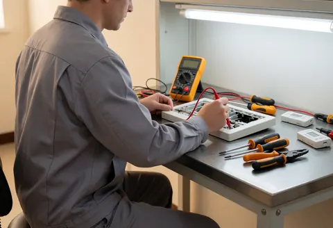 Un technicien en uniforme examine un panneau d'alarme à l'aide d'un multimètre, entouré d'outils et de capteurs sur une table métallique dans un atelier bien éclairé.