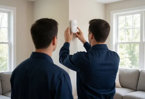 Un technicien en uniforme bleu fixe un capteur blanc sur un mur dans un salon avec canapé et fenêtres, scène de réparation d'alarme domestique.