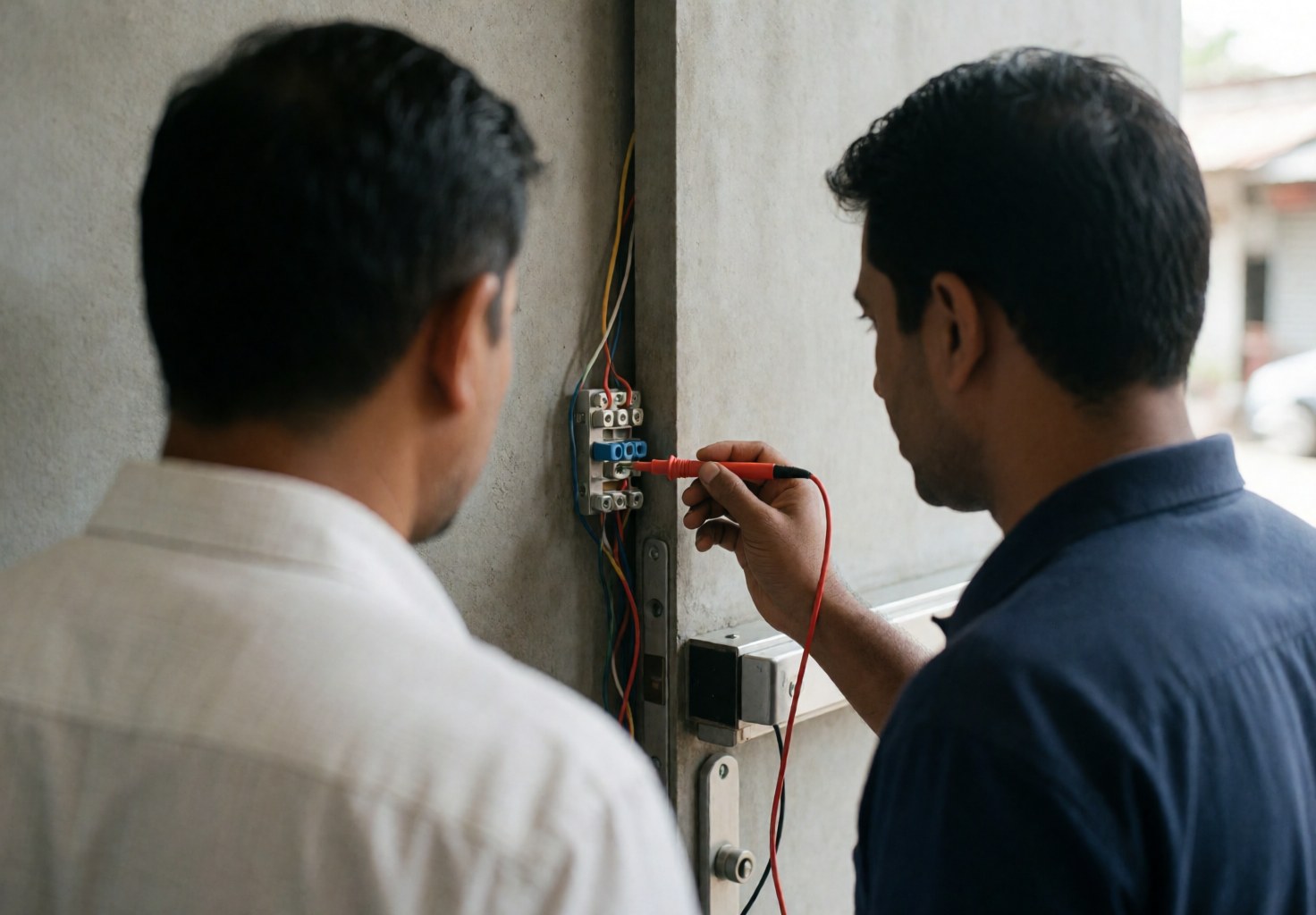 Un technicien utilise un multimètre pour tester une connexion électrique sur un mur en béton pendant qu'un autre homme observe attentivement.