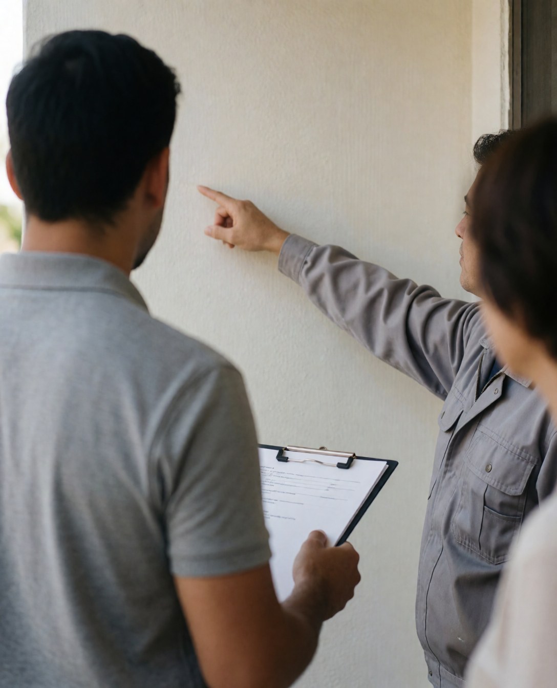 Un ouvrier en uniforme gris pointe du doigt un mur lisse fraîchement peint tandis qu'un client avec un porte-documents inspecte le résultat de la réparation.