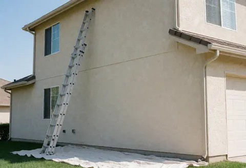 Échelle en aluminium appuyée sur le mur d'une maison avec enduit beige. Une nappe blanche est visible sur l'herbe. Idéal pour illustrer les services de réparation de murs extérieurs.