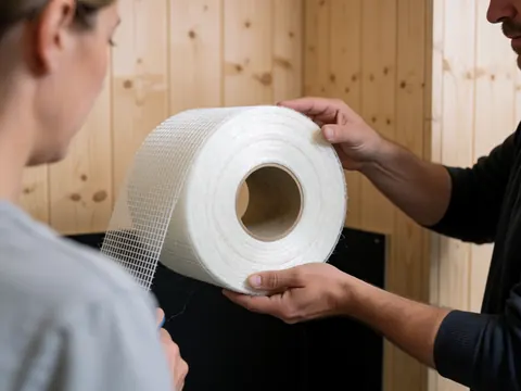 Un professionnel présente un rouleau de toile en fibre de verre pour réparer des murs, avec un client observant. Murs en bois clair et fond sombre. Détail de la texture et du motif de la toile.