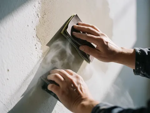 Gros plan sur des mains d'adulte utilisant du papier abrasif sur un mur, créant une fine poussière visible. La lumière met en valeur la texture et le travail manuel de réparation.