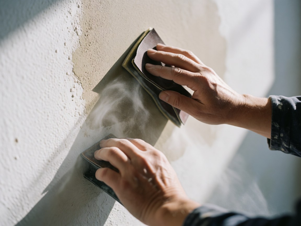 Gros plan sur des mains d'adulte utilisant du papier abrasif sur un mur, créant une fine poussière visible. La lumière met en valeur la texture et le travail manuel de réparation.