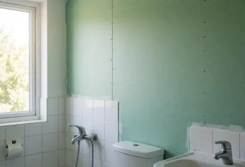 Salle de bain avec un mur végétal neuf à côté de carreaux blancs, fenêtre laissant entrer la lumière naturelle, sans personnes, prête pour une rénovation.