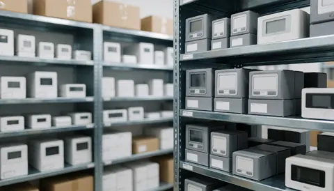 Fond professionnel d'étagères métalliques contenant des capteurs de sécurité et des cartons, adapté pour illustrer les services de maintenance et de réparation d'alarmes.