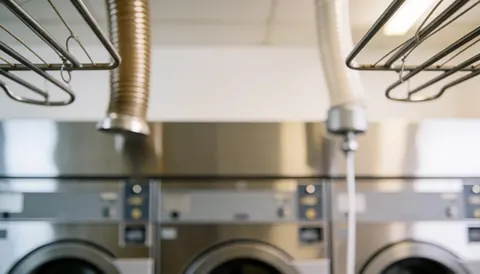 Fond flou d'une laverie industrielle avec des sécheuses, des tuyaux et des crochets métalliques, idéal pour du texte commercial.