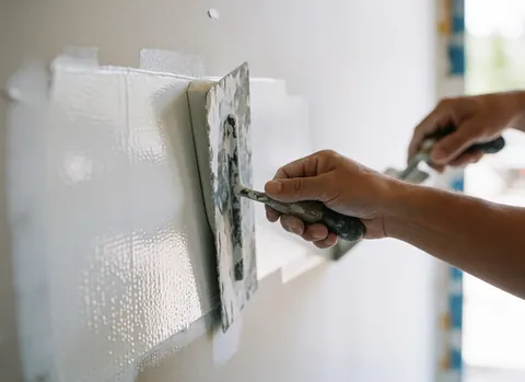 Main appliquant une couche de primaire blanc sur un mur en plâtre avec un outil, surface lisse et sèche, reflet de lumière, détail technique professionnel de réparation.
